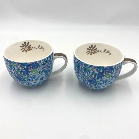 Lily Pulitzer Coffee Cup/Mug Blue Floral High Maintenance Kitty Cat Print Lot 2 - Picture 1 of 8